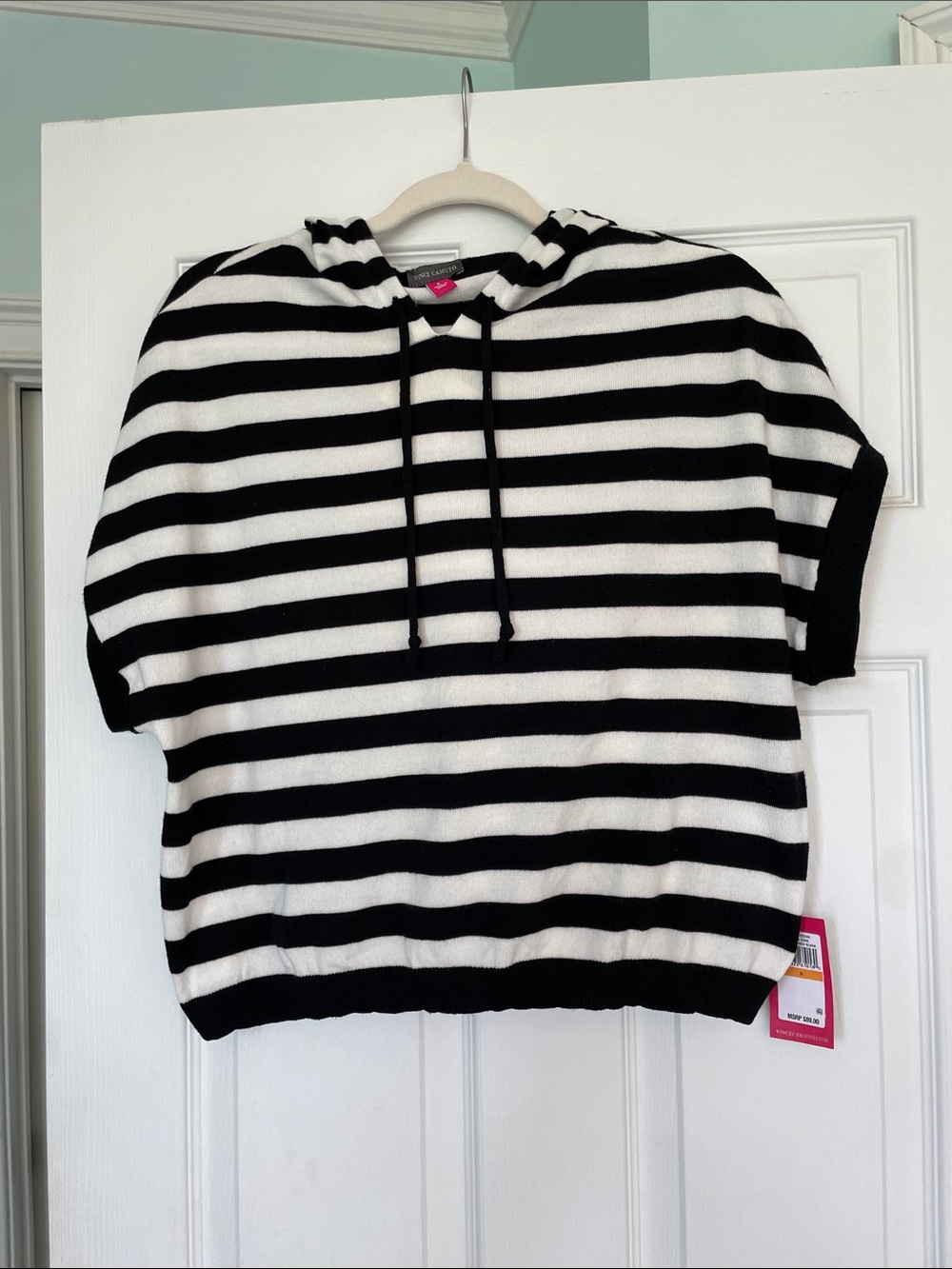 NWT Black & White Striped Hooded Short-Sleeve Sweater S